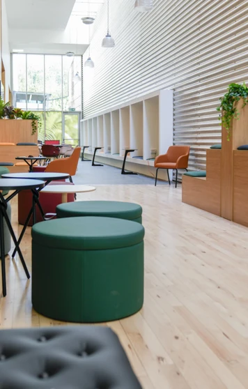 Stylish student lounge with circular stools, lush green sofas, and a mural of tropical plants. Stylish student lounge with circular stools, lush green sofas, and a mural of tropical plants.